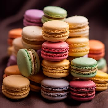 Colorful macarons arranged in a towering stack