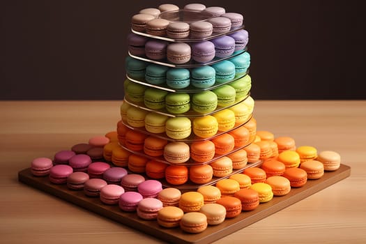 Colorful macarons arranged in a towering stack