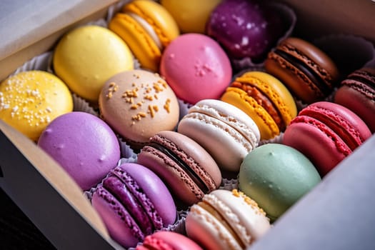 A colorful assortment of macarons neatly arranged in a box.