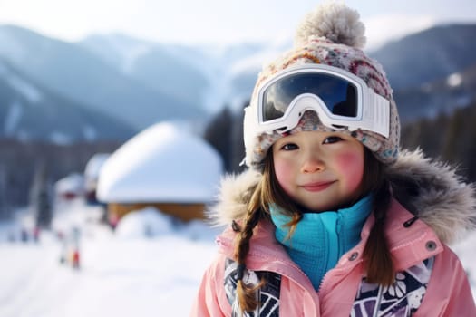 Little girl ski resort. Hotel skier. Generate AI