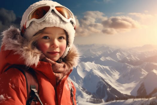 Wintry Little girl ski resort. Hotel skier. Generate AI