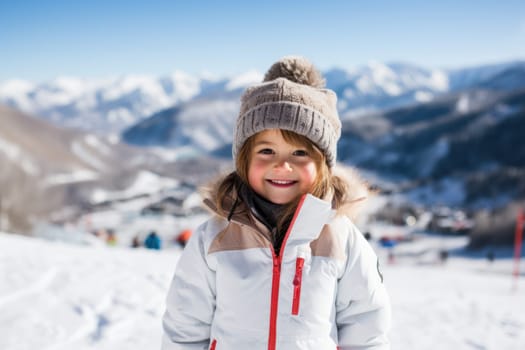 Lively Little girl ski resort. Hotel skier. Generate AI