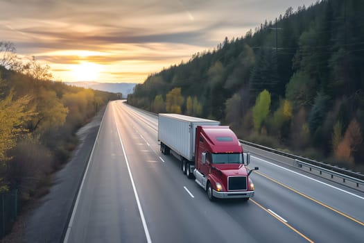 American long-nose semitruck on a highway. Neural network generated image. Not based on any actual scene or pattern.