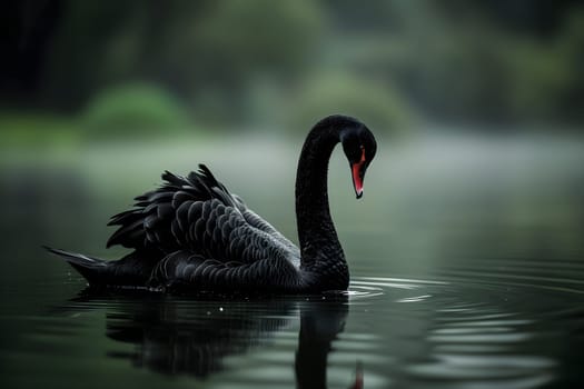 Black swan on water surface, close up. Neural network generated image. Not based on any actual scene or pattern.