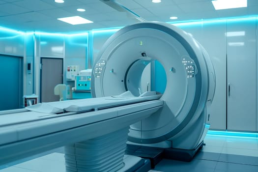 Advanced mri or ct scanner, medical diagnostic machine at hospital lab. Neural network generated image. Not based on any actual scene or pattern.