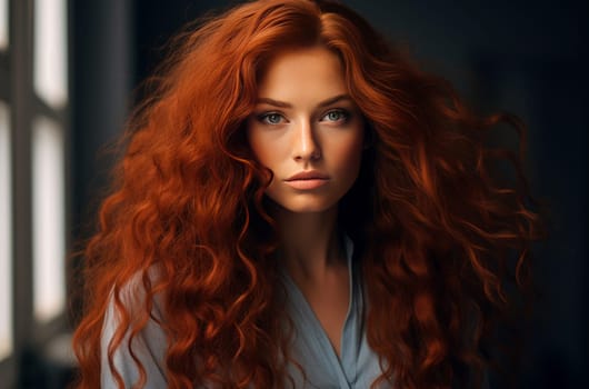 Vivacious Long curly red hair girl. Fashion person studio photo shot. Generate Ai