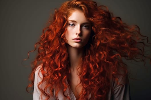 Artistic Long curly red hair girl. Fashion person studio photo shot. Generate Ai