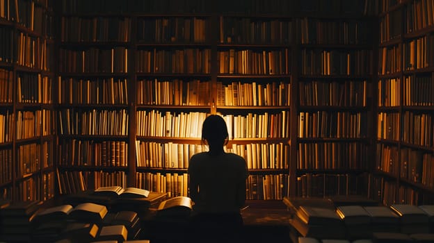 A student in a library, overwhelmed by the books. The towering bookshelves in the background adding to the atmosphere of pressure and academic stress. Neural network generated image. Not based on any actual person or scene.