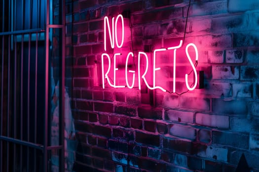 A neon sign that says NO REGRETS on a brick wall. Neural network generated image. Not based on any actual scene or pattern.