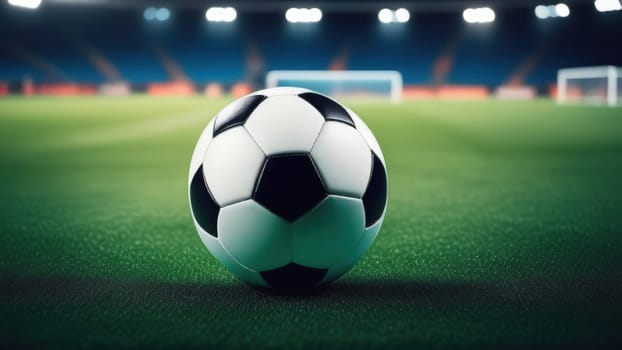 Soccer ball rests on grass of green field in front of majestic lit up, creating exciting atmosphere stadium. Scene captures essence of game, ready for action, excitement. Advertising, banner, print
