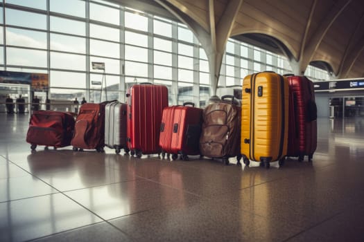 Portable Luggage at the airport with planes. Holiday transport. Generate Ai