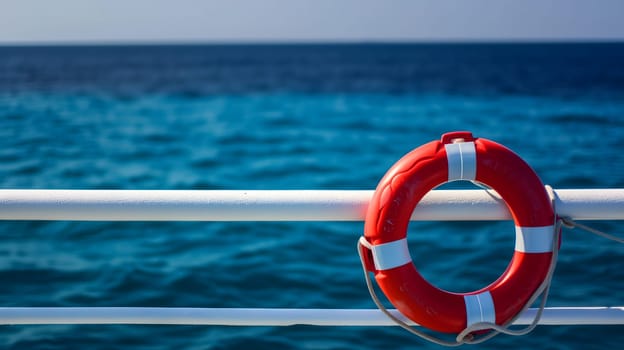 Lifebuoy attached to a ship's white railing, with the clear blue sea in the background. Neural network generated image. Not based on any actual scene or pattern.