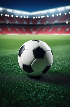Soccer ball rests on grass of green field in front of majestic lit up, creating exciting atmosphere stadium. Scene captures essence of game, ready for action, excitement. Advertising, banner, print