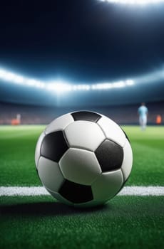 Soccer ball rests on grass of green field in front of majestic lit up, creating exciting atmosphere stadium. Scene captures essence of game, ready for action, excitement. Advertising, banner, print