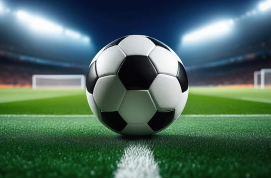 Soccer ball rests on grass of green field in front of majestic lit up, creating exciting atmosphere stadium. Scene captures essence of game, ready for action, excitement. Advertising, banner, print