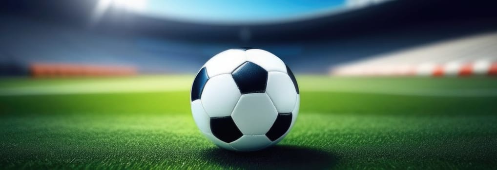 Soccer ball rests on grass of green field in front of majestic lit up, creating exciting atmosphere stadium. Scene captures essence of game, ready for action, excitement. Advertising, banner, print