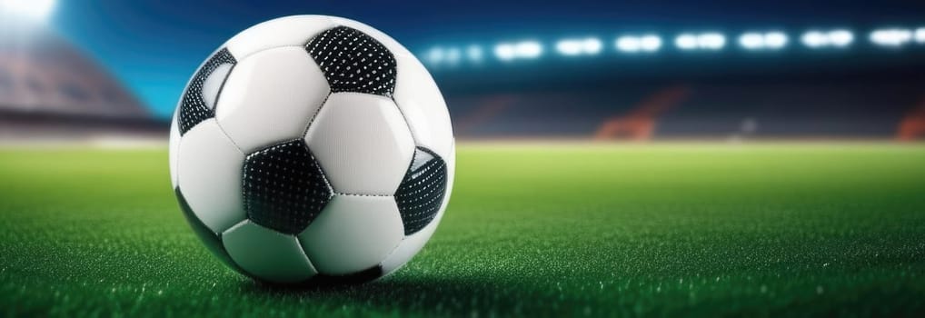 Soccer ball rests on grass of green field in front of majestic lit up, creating exciting atmosphere stadium. Scene captures essence of game, ready for action, excitement. Advertising, banner, print