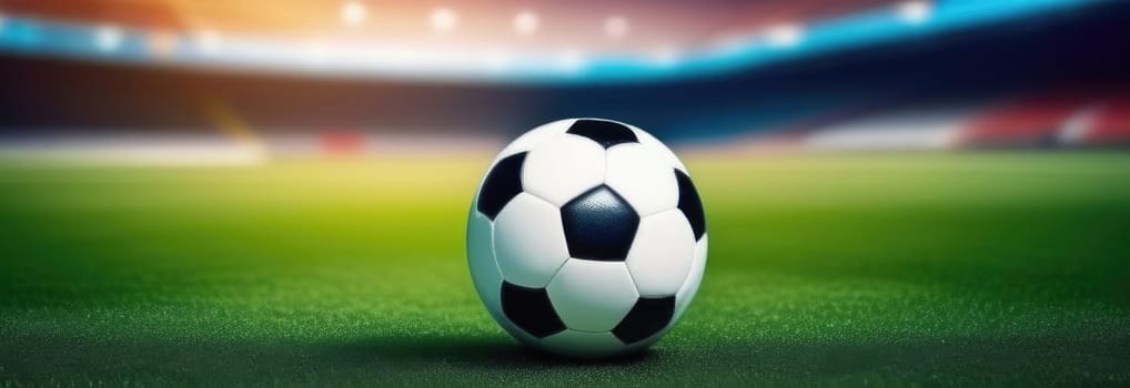 Soccer ball rests on grass of green field in front of majestic lit up, creating exciting atmosphere stadium. Scene captures essence of game, ready for action, excitement. Advertising, banner, print