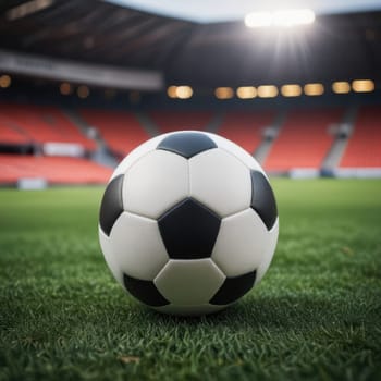 Soccer ball rests on grass of green field in front of majestic lit up, creating exciting atmosphere stadium. Scene captures essence of game, ready for action, excitement. Advertising, banner, print