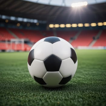 Soccer ball rests on grass of green field in front of majestic lit up, creating exciting atmosphere stadium. Scene captures essence of game, ready for action, excitement. Advertising, banner, print