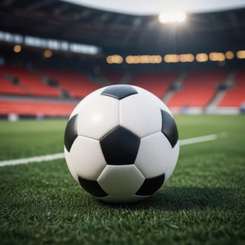 Soccer ball rests on grass of green field in front of majestic lit up, creating exciting atmosphere stadium. Scene captures essence of game, ready for action, excitement. Advertising, banner, print