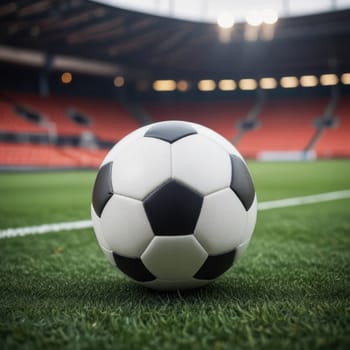 Soccer ball rests on grass of green field in front of majestic lit up, creating exciting atmosphere stadium. Scene captures essence of game, ready for action, excitement. Advertising, banner, print