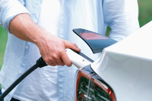 Closeup hand insert and EV charger to recharge EV car's battery from charging station. Alternative energy utilized for transportation with environmental friendly for future sustainability. Synchronos