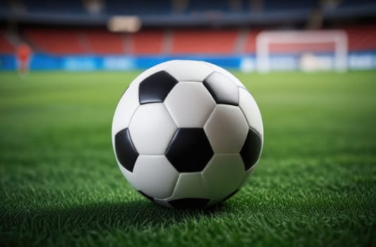 Soccer ball rests on grass of green field in front of majestic lit up, creating exciting atmosphere stadium. Scene captures essence of game, ready for action, excitement. Advertising, banner, print