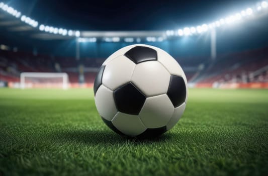 Soccer ball rests on grass of green field in front of majestic lit up, creating exciting atmosphere stadium. Scene captures essence of game, ready for action, excitement. Advertising, banner, print