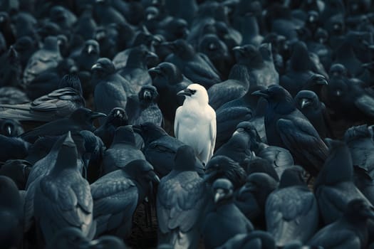 A white crow among many black crows. Neural network generated image. Not based on any actual scene or pattern.