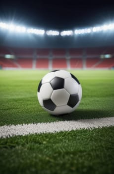 Soccer ball rests on grass of green field in front of majestic lit up, creating exciting atmosphere stadium. Scene captures essence of game, ready for action, excitement. Advertising, banner, print