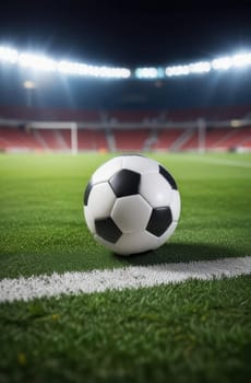 Soccer ball rests on grass of green field in front of majestic lit up, creating exciting atmosphere stadium. Scene captures essence of game, ready for action, excitement. Advertising, banner, print