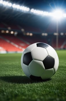 Soccer ball rests on grass of green field in front of majestic lit up, creating exciting atmosphere stadium. Scene captures essence of game, ready for action, excitement. Advertising, banner, print