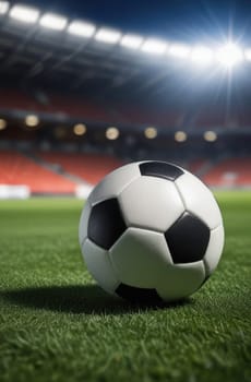 Soccer ball rests on grass of green field in front of majestic lit up, creating exciting atmosphere stadium. Scene captures essence of game, ready for action, excitement. Advertising, banner, print