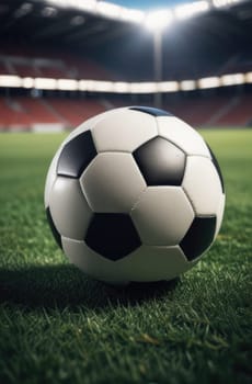 Soccer ball rests on grass of green field in front of majestic lit up, creating exciting atmosphere stadium. Scene captures essence of game, ready for action, excitement. Advertising, banner, print