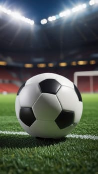 Soccer ball rests on grass of green field in front of majestic lit up, creating exciting atmosphere stadium. Scene captures essence of game, ready for action, excitement. Advertising, banner, print