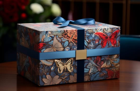 Golden ribbon gift box confetti. New holiday. Generate Ai