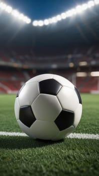 Soccer ball rests on grass of green field in front of majestic lit up, creating exciting atmosphere stadium. Scene captures essence of game, ready for action, excitement. Advertising, banner, print