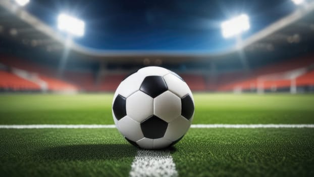 Soccer ball rests on grass of green field in front of majestic lit up, creating exciting atmosphere stadium. Scene captures essence of game, ready for action, excitement. Advertising, banner, print