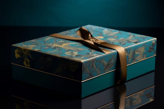 Festive Golden ribbon gift box confetti. New holiday. Generate Ai