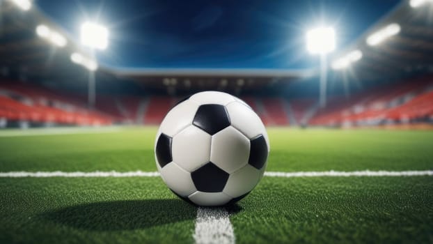 Soccer ball rests on grass of green field in front of majestic lit up, creating exciting atmosphere stadium. Scene captures essence of game, ready for action, excitement. Advertising, banner, print