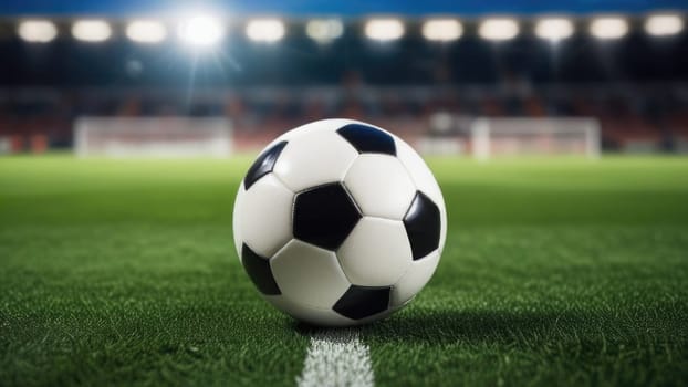Soccer ball rests on grass of green field in front of majestic lit up, creating exciting atmosphere stadium. Scene captures essence of game, ready for action, excitement. Advertising, banner, print