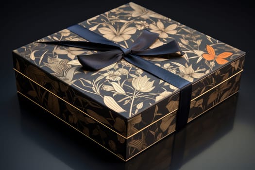 Elegant Golden ribbon gift box confetti. New holiday. Generate Ai