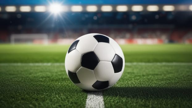 Soccer ball rests on grass of green field in front of majestic lit up, creating exciting atmosphere stadium. Scene captures essence of game, ready for action, excitement. Advertising, banner, print