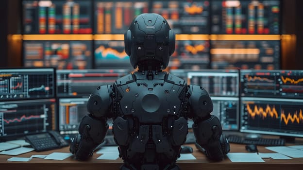 Back view of a financial analyst day trader robot working on computer with many screens that shows real-time stock data. Neural network generated image. Not based on any actual scene or pattern.
