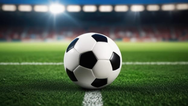 Soccer ball rests on grass of green field in front of majestic lit up, creating exciting atmosphere stadium. Scene captures essence of game, ready for action, excitement. Advertising, banner, print