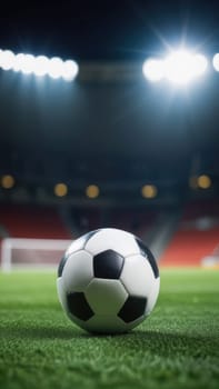 Soccer ball rests on grass of green field in front of majestic lit up, creating exciting atmosphere stadium. Scene captures essence of game, ready for action, excitement. Advertising, banner, print