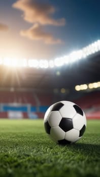 Soccer ball rests on grass of green field in front of majestic lit up, creating exciting atmosphere stadium. Scene captures essence of game, ready for action, excitement. Advertising, banner, print