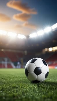 Soccer ball rests on grass of green field in front of majestic lit up, creating exciting atmosphere stadium. Scene captures essence of game, ready for action, excitement. Advertising, banner, print