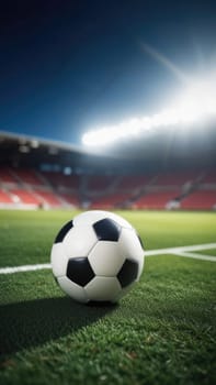 Soccer ball rests on grass of green field in front of majestic lit up, creating exciting atmosphere stadium. Scene captures essence of game, ready for action, excitement. Advertising, banner, print